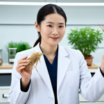 A professional woman in a modest business suit, fully clothed, standing gracefully in a modern, clean laboratory setting. She is holding a single, well-formed ginseng root in one hand, showcasing traditional Hanbang ingredients. The background is softly blurred, featuring sophisticated laboratory equipment and subtle botanical elements, emphasizing the fusion of nature and science. Perfect anatomy, correct proportions, natural pose, well-formed hands, proper finger count. High-quality professional photography, natural lighting, appropriate attire, safe for work, professional, family-friendly content.