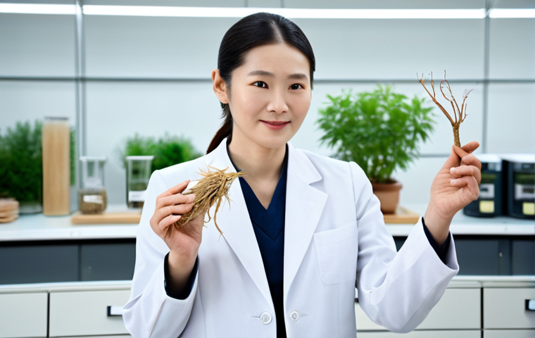 A professional woman in a modest business suit, fully clothed, standing gracefully in a modern, clean laboratory setting. She is holding a single, well-formed ginseng root in one hand, showcasing traditional Hanbang ingredients. The background is softly blurred, featuring sophisticated laboratory equipment and subtle botanical elements, emphasizing the fusion of nature and science. Perfect anatomy, correct proportions, natural pose, well-formed hands, proper finger count. High-quality professional photography, natural lighting, appropriate attire, safe for work, professional, family-friendly content.